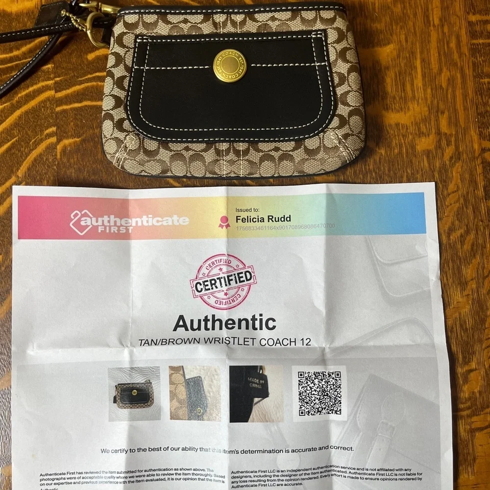 Coach Signature Brown Canvas and Black Leather  Wristlet